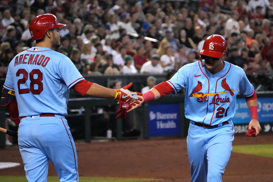 Lars Nootbaar（圖右）與Nolan Arenado。（Joe Camporeale-USA TODAY Sports）