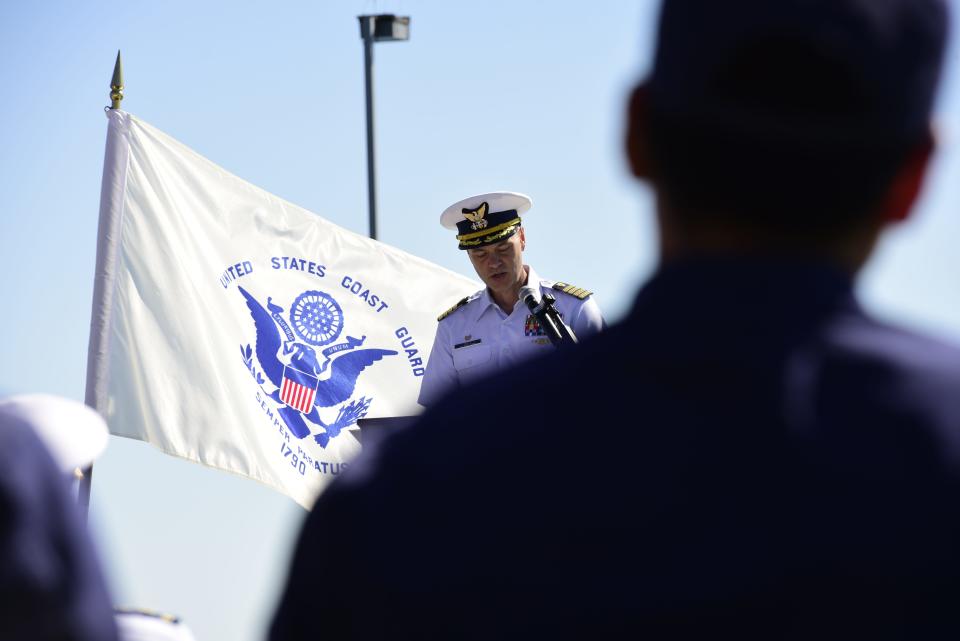 Coast Guard Sector Detroit Capt. Brad Kelly gives remarks during the change of command ceremony on Friday, June 17, 2022, at the U.S. Coast Guard Station in Port Huron.