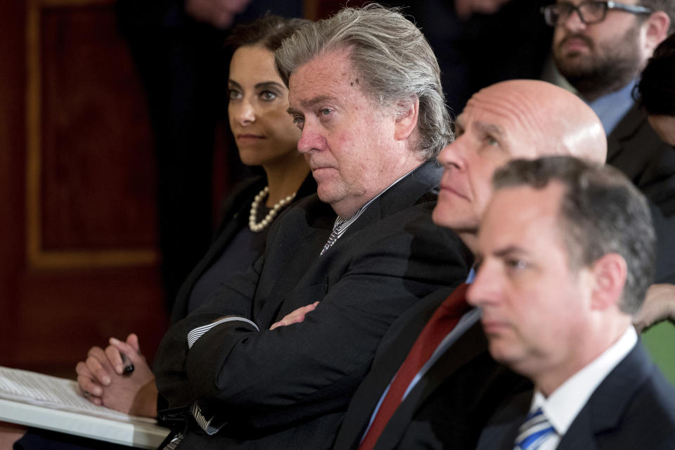 From left, White House Senior Counselor for Economic Initiatives Dina Powell, President Donald Trump's White House Senior Adviser Steve Bannon, National Security Adviser H.R. McMaster, and President Donald Trump's Chief of Staff Reince Priebus attend a news conference with President Donald Trump and NATO Secretary General Jens Stoltenberg in the East Room at the White House, Wednesday, April 12, 2017, in Washington. (AP Photo/Andrew Harnik)