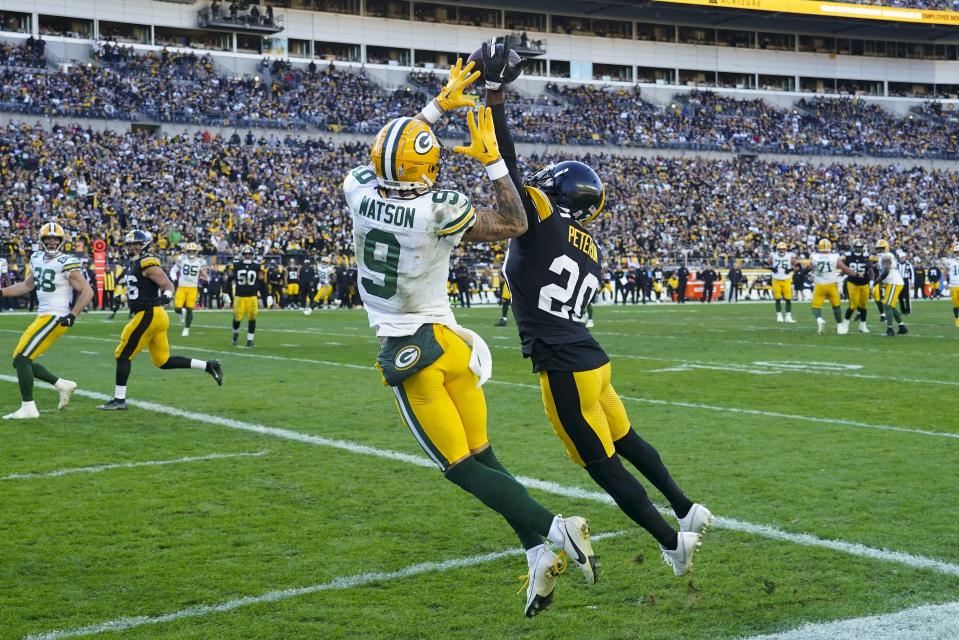 Pittsburgh Steelers' Patrick Peterson breaks up a pass intended for Green Bay Packers' Christian Watson during the second half of an NFL football game Sunday, Nov. 12, 2023, in Pittsburgh. (AP Photo/Matt Freed)