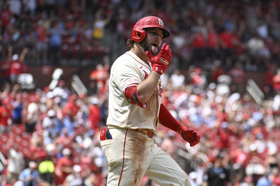 St. Louis Cardinals' Alec Burleson reacts after hitting a three-run home run in the fourth inning of a baseball game against the San Francisco Giants, Saturday June 22, 2024, in St. Louis. (AP Photo/Joe Puetz)