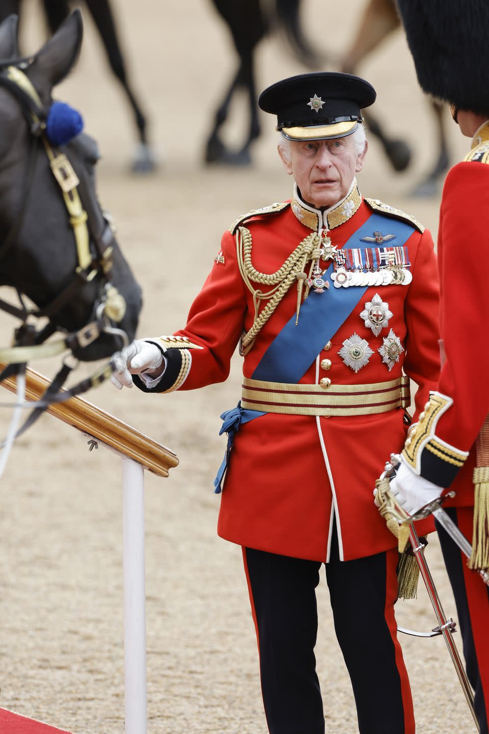 london, england june 15 king charles iii during trooping the colour at horse guards parade on june 15, 2024 in london, england trooping the colour is a ceremonial parade celebrating the official birthday of the british monarch the event features over 1,400 soldiers and officers, accompanied by 200 horses more than 400 musicians from ten different bands and corps of drums march and perform in perfect harmony photo by john phillipsgetty images