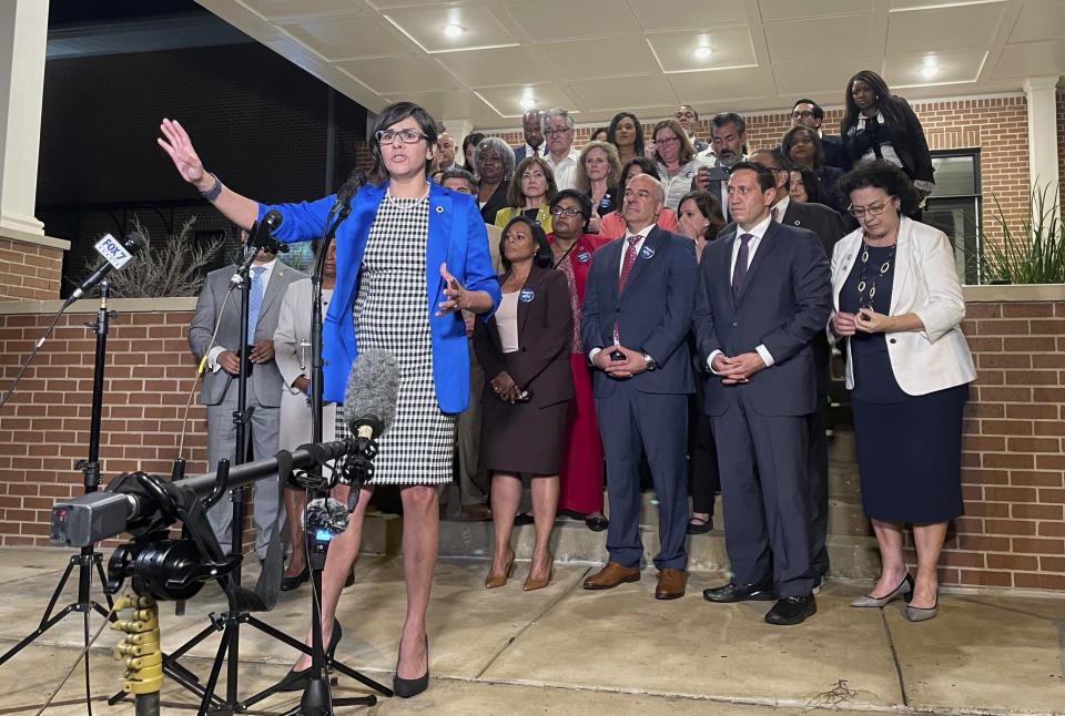 FILE - In this May 31, 2021, file photo, Texas state Rep. Jessica Gonzalez speaks during a news conference in Austin, Texas, after House Democrats pulled off a dramatic, last-ditch walkout and blocked one of the most restrictive voting bills in the U.S. from passing before a midnight deadline. Democrats in the Texas Legislature were planning Monday, July 12, to leave the state in another revolt against a GOP overhaul of election laws. (AP Photo/Acacia Coronado, File)