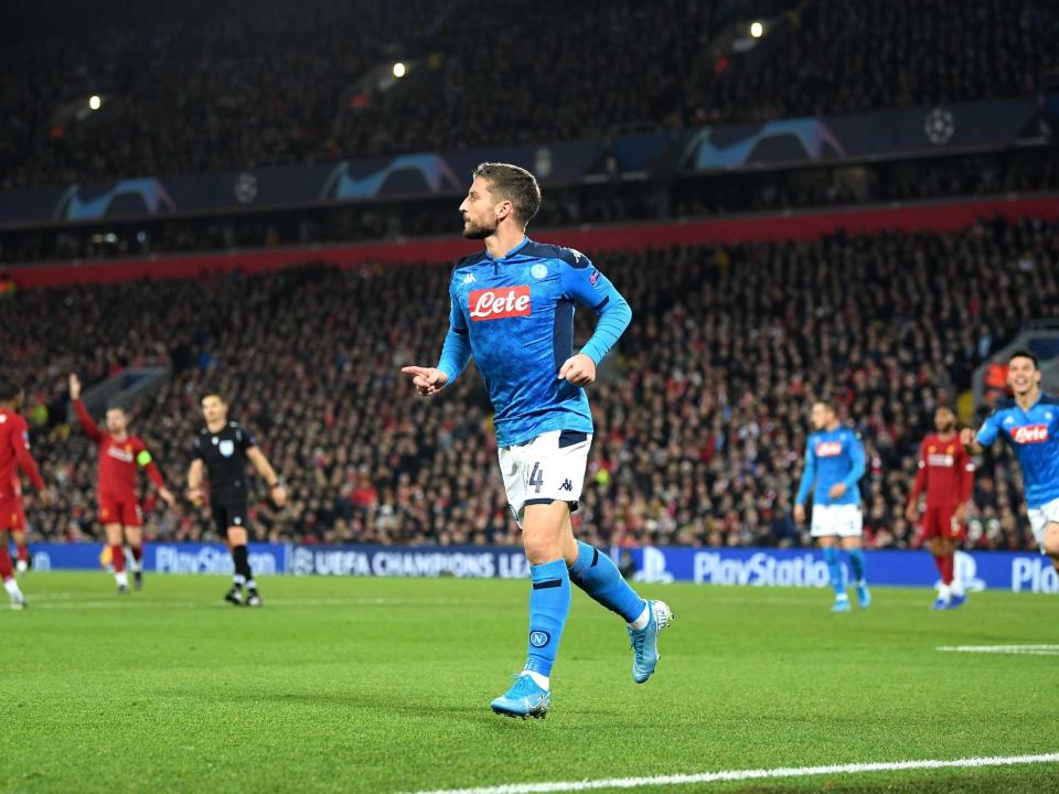 Dries Mertens celebrates scoring Napoli's opener: Getty