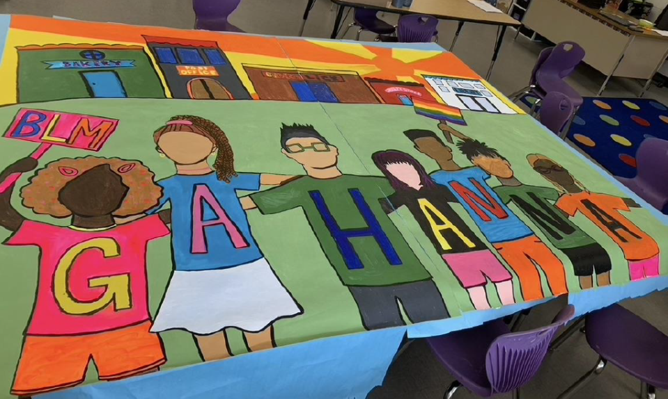 This was the draft of one of 12 murals for Creekside Park in Gahanna submitted by Gahanna-Jefferson Public School District students that raised objections from some members of the Gahanna community. The mural draft depicts a row of children, including one holding a BLM poster and another with a rainbow flag, which is the symbol of the LGBTQ+ community.