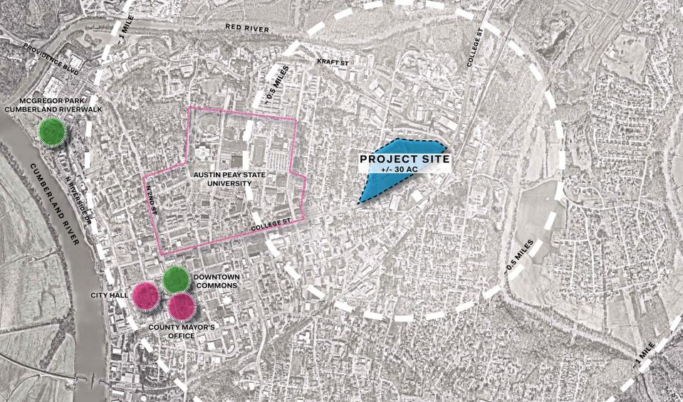 Clarksville developer announces Vulcan plans for mixed use and entertainment project near APSU and downtown. July 2023 proposal to city planning board shows site location.