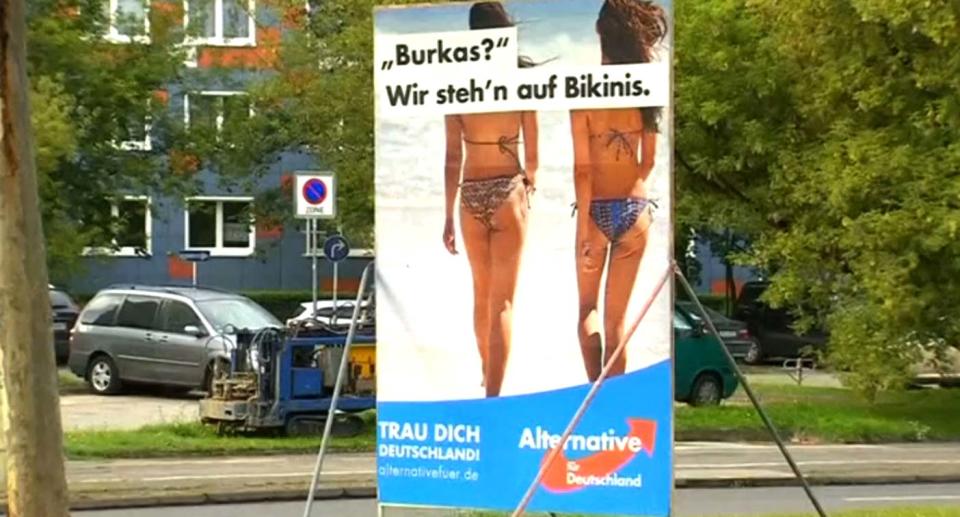 This AfD ad of women at the beach says: 'Burkas? We prefer bikinis'