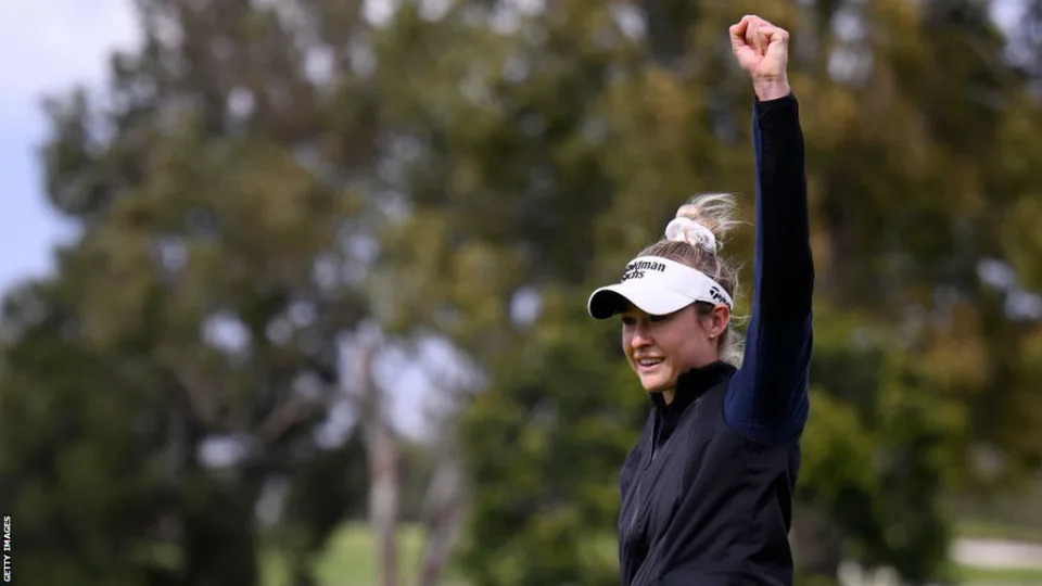 Nelly Korda of the United States reacts after a birdie putt on the first play-off hole of the final round to win the Seri Pak Championship