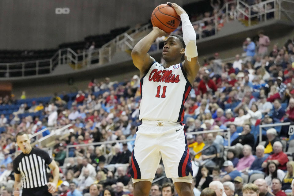 Mississippi guard Matthew Murrell attempts a three-point shot during the first half of an NCAA college basketball game against Southern Mississippi, Saturday, Dec. 23, 2023, in Biloxi, Miss. (AP Photo/Rogelio V. Solis)