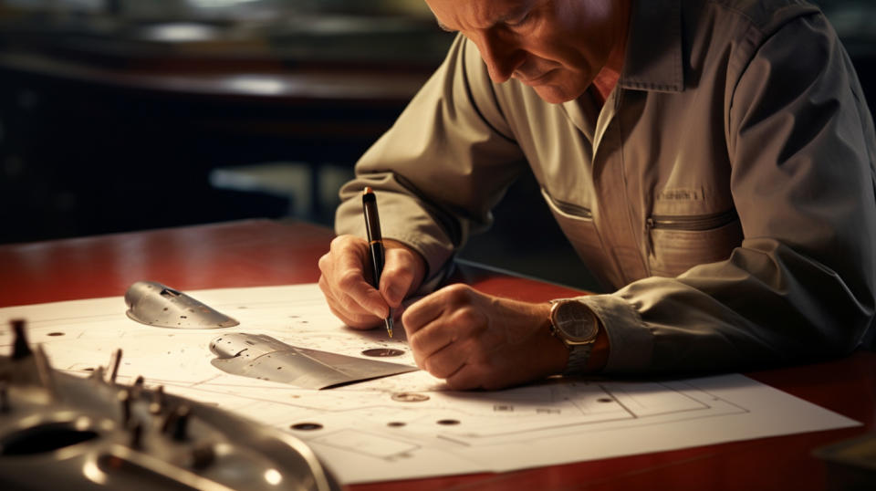 A manager signing off on a precision stamping for a flight control component.