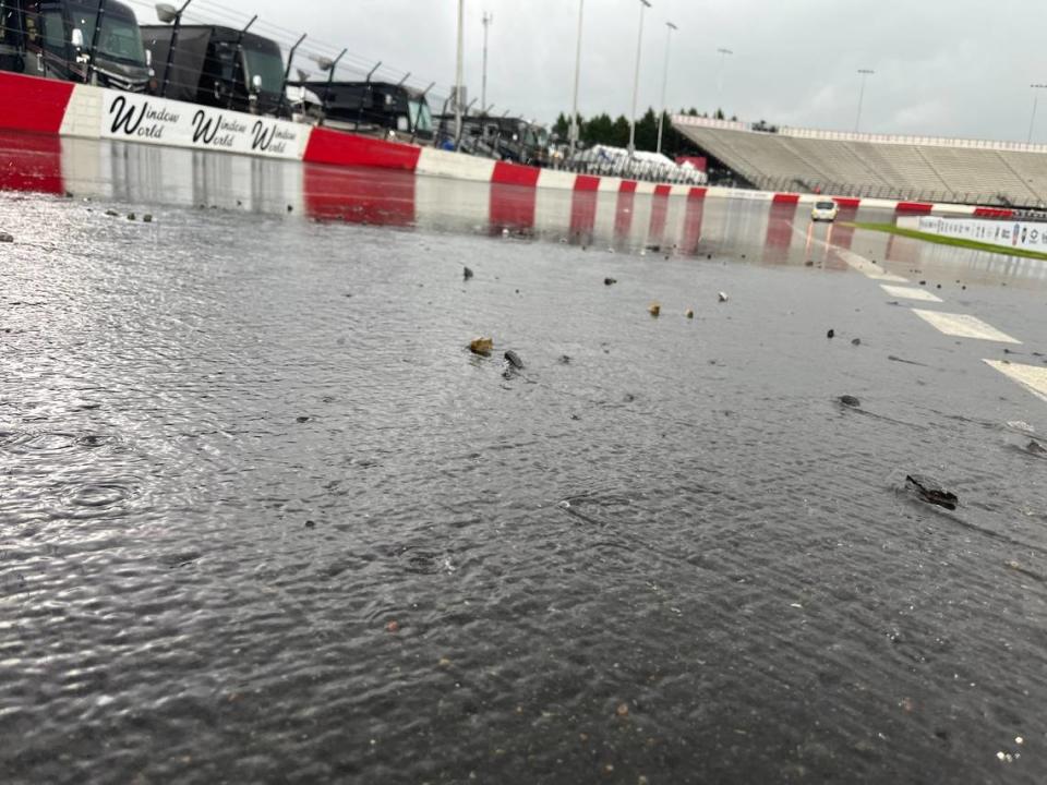 Much of North Wilkesboro Speedway was underwater amid a thunderstorm on Saturday afternoon.