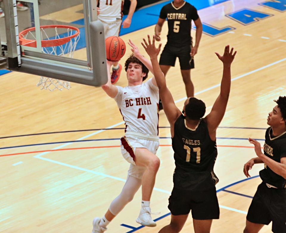 BC High's Mike Loughnane drives to the basket against Springfield Central in the Division 1 state semifinals at Worcester State University on Wednesday, March 16, 2022.