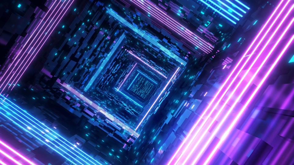 An abstract image of a mirrored tunnel in neon pink and blue