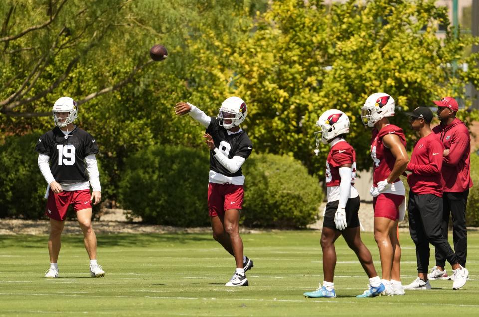 Arizona Cardinals quarterback Joshua Dobbs (9) throws during practice at Cardinals Dignity Health training facility in Tempe on Aug. 30, 2023.