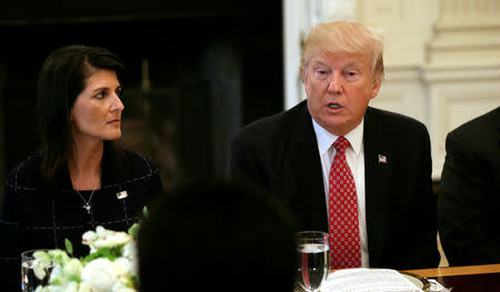 With U.S. Ambassador to the United Nations Nikki Haley at his side (L), U.S. President Donald Trump speaks during a working lunch with ambassadors of countries on the UN Security Council at the White House in Washington, U.S., April 24, 2017. REUTERS/Kevin Lamarque