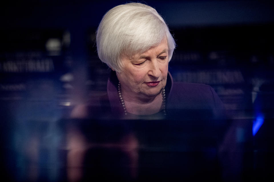 Former Fed Chair Janet Yellen appears for an interview with FOX Business Network guest anchor Jon Hilsenrath in the Fox Washington bureau, Wednesday, Aug. 14, 2019, in Washington. The interview will air this Friday at 9:30PM/ET on FOX Business Network's WSJ at Large with Gerry Baker. (AP Photo/Andrew Harnik)