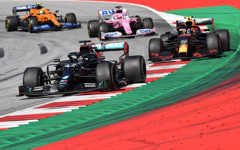 Mercedes driver Lewis Hamilton of Britain steers his car followed by Red Bull driver Alexander Albon of Thailand during the Austrian Formula One Grand Prix at the Red Bull Ring racetrack in Spielberg, Austria, Sunday, July 5, 2020 - Austria F1 GP Auto Racing