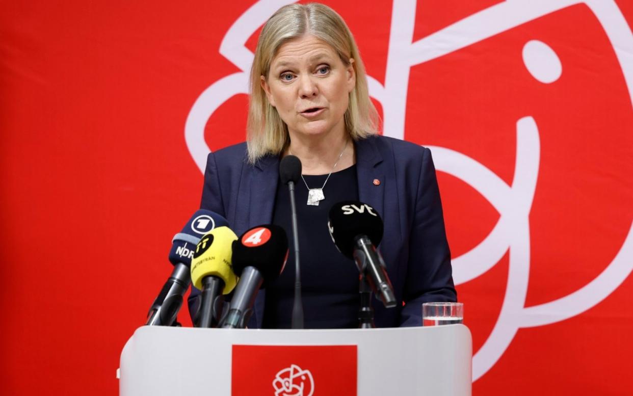 Magdalena Andersson, Sweden's prime minister, at a press conference after the governing Social Democratic Party backed a plan to join Nato - Fredrik Persson/TT News Agency