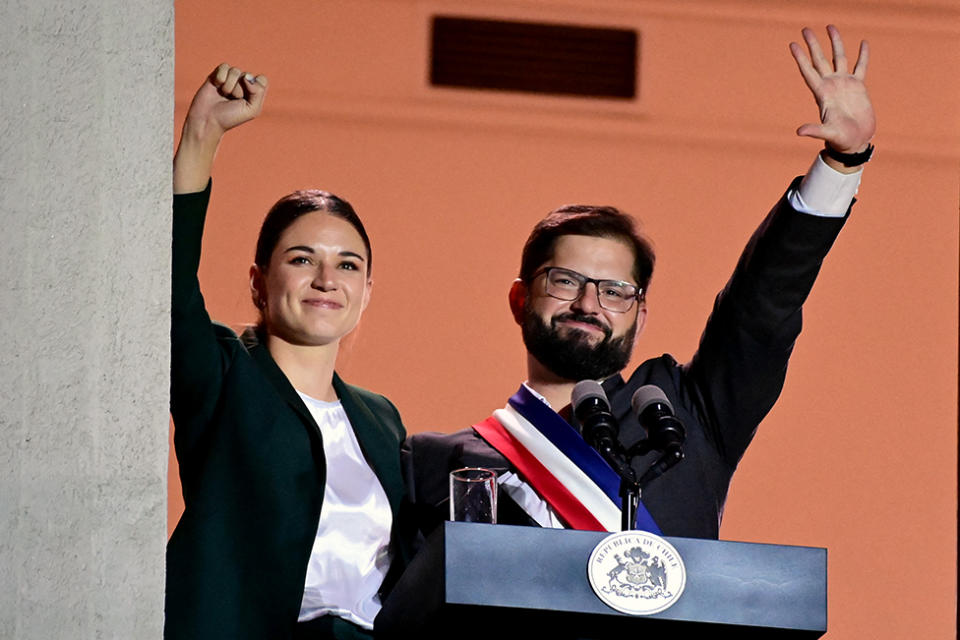 Irina Karamanos with Gabriel Boric after taking office in 2022