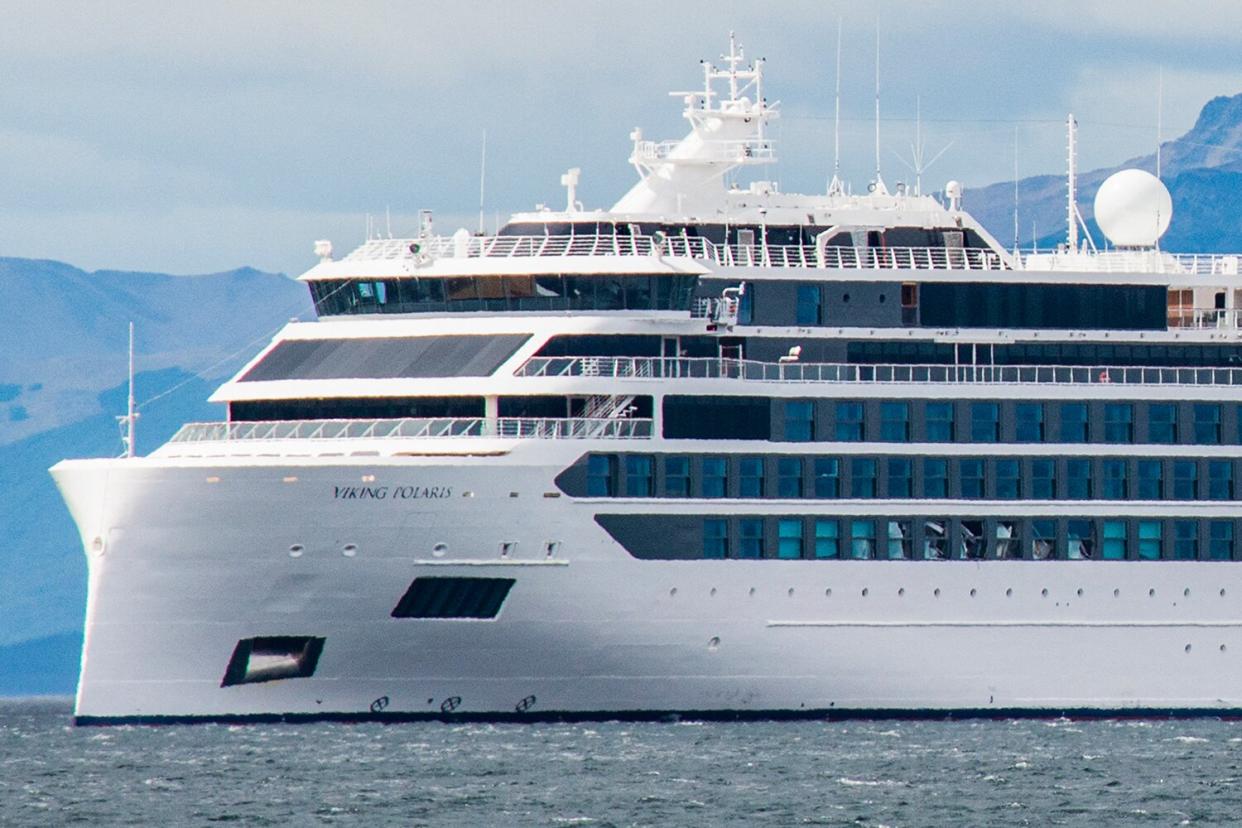 The Norwegian-flagged cruise ship Viking Polaris is seen anchored in waters of the Atlantic Ocean in Ushuaia, southern Argentina, on December 1, 2022.