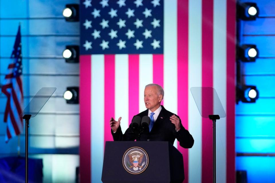 US president Joe Biden delivers a speech at the Royal Castle in Warsaw (Petr David Josek/AP) (AP)