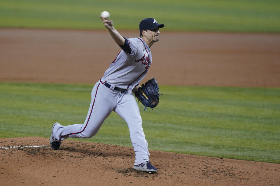 Atlanta Braves' Charlie Morton delivers a pitch during the first inning of a baseball game against the Miami Marlins, Friday, June 11, 2021, in Miami. (AP Photo/Wilfredo Lee)