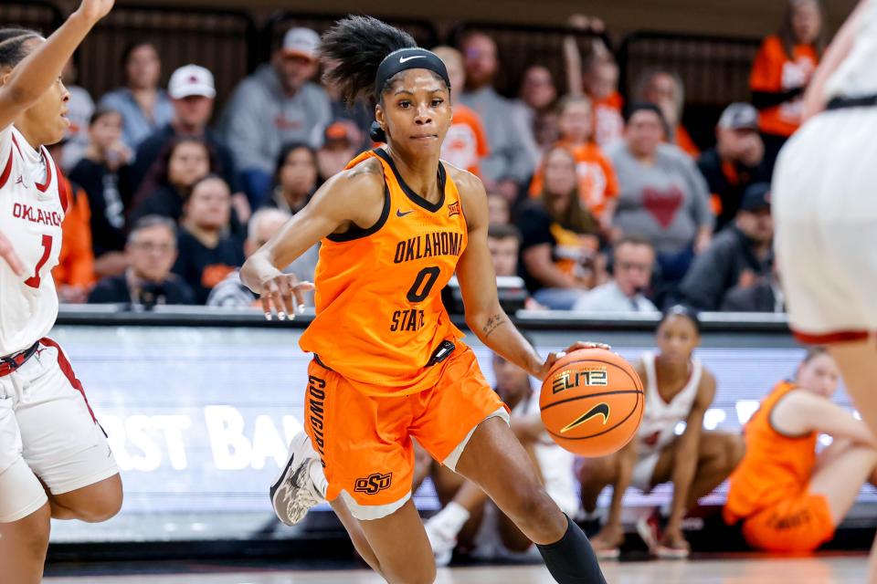 Oklahoma State guard Quincy Noble (0) works up court in the second quarter during an NCAA basketball game between Oklahoma State (OSU) and University of Oklahoma (OU) at the Gallagher-Iba Arena in Stillwater Okla., on Saturday, Feb. 3, 2024.