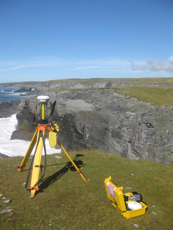 The researchers used GPS at a fossil bed in Newfoundland, Canada, to help solve the mystery of how <i>Fractofusus</i> reproduced.