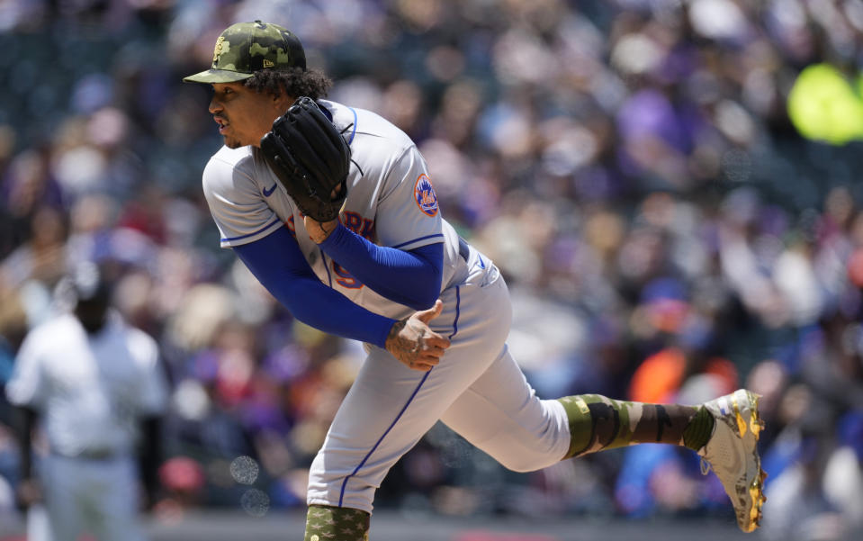 New York Mets' Taijuan Walker works against the Colorado Rockies in the first inning of a baseball game, Sunday, May 22 2022, in Denver. (AP Photo/David Zalubowski)
