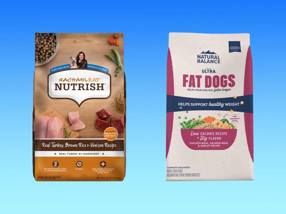 Two bags of dry weight loss dog food from Rachael Ray Nutrish and Natural Balance are on a blue background.