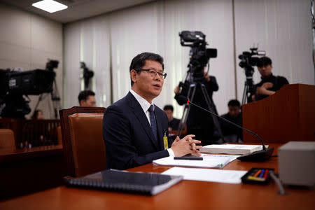 Kim Yeon-chul, a nominee for South Korean Unification Minister, speaks during a confirmation hearing for the post of Unification Minister at the National Assembly in Seoul, South Korea, March 26, 2019. REUTERS/Kim Hong-Ji