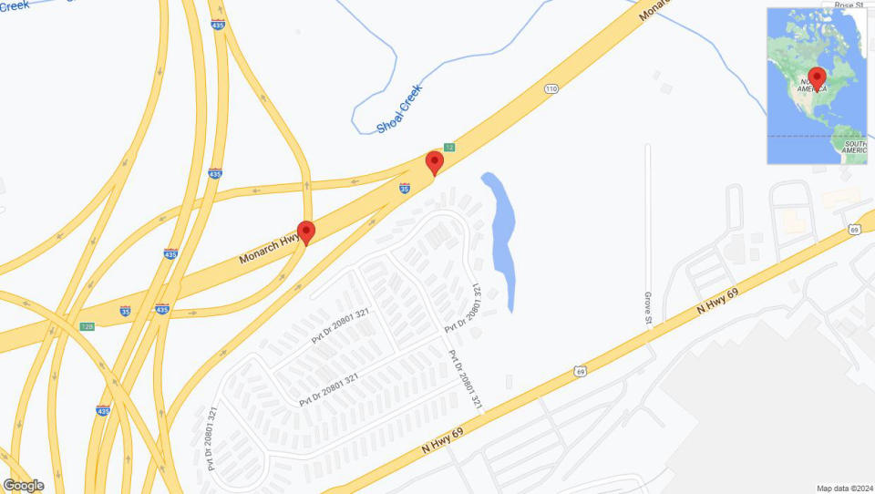 A detailed map that shows the affected road due to 'Broken down vehicle on northbound I-35 in Liberty' on July 26th at 9:35 p.m.