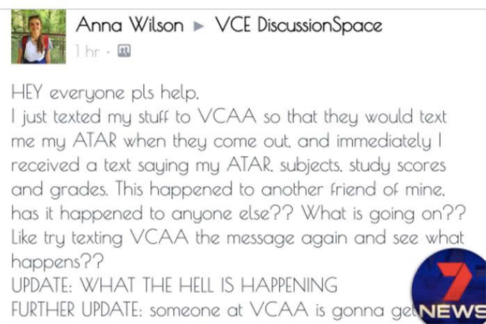 Students took to Facebook questioning the authenticity of their newly discovered ATAR scores. Source: Facebook