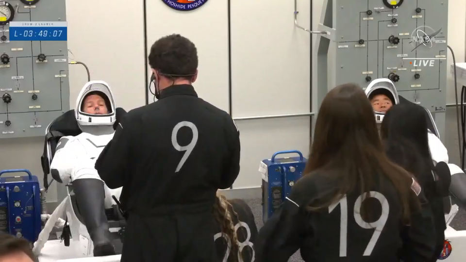 The SpaceX Crew-2 astronauts suit up inside the Neil Armstrong Operations and Checkout Building at NASA's Kennedy Space Center in Florida, on April 23, 2021.