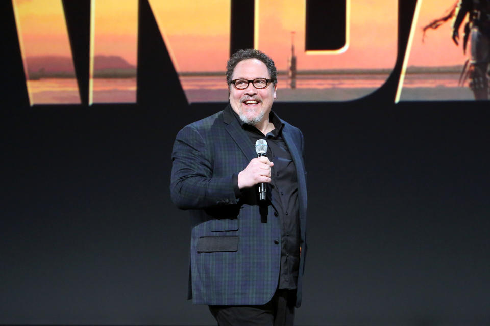 Pictured: Jon Favreau speaks to launch The Mandalorian which will air on Disney+ in Australia. (Photo by Jesse Grant/Getty Images for Disney)