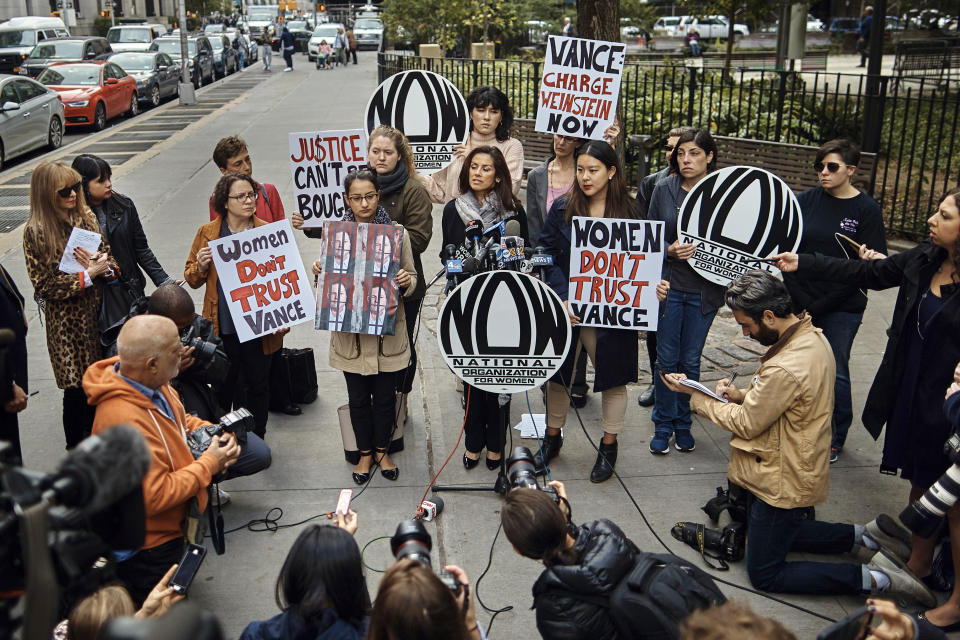 FILE - In this Friday, Oct. 13, 2017 file photo, Sonia Osorio, president of NOW-NY, National Organization for Women, speaks to journalists as women gather outside the Manhattan District Attorney's office in New York protesting the D.A.'s decision not to prosecute Harvey Weinstein in connection with a 2015 incident involving a model. According to a 2021 The Associated Press-NORC Center for Public Affairs Research poll, more Americans under 30 said they’re more likely to speak out if they are a victim of sexual misconduct, compared with older adults, 63% vs. 51%. And 67% of adults under 30 said they were they are more likely to speak out if they witness sexual misconduct, compared with 56% of those older. (AP Photo/Andres Kudacki, File)