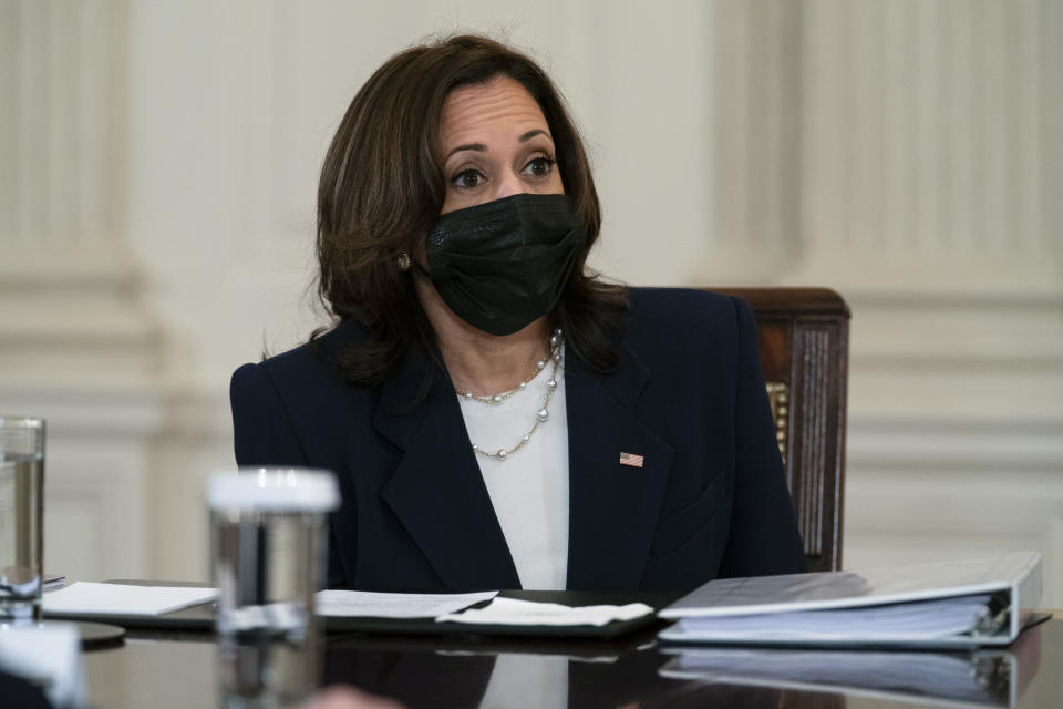 Vice President Kamala Harris speaks about the southern border during a meeting with President Joe Biden in the State Dining Room of the White House, Wednesday, March 24, 2021, in Washington. (AP Photo/Evan Vucci)