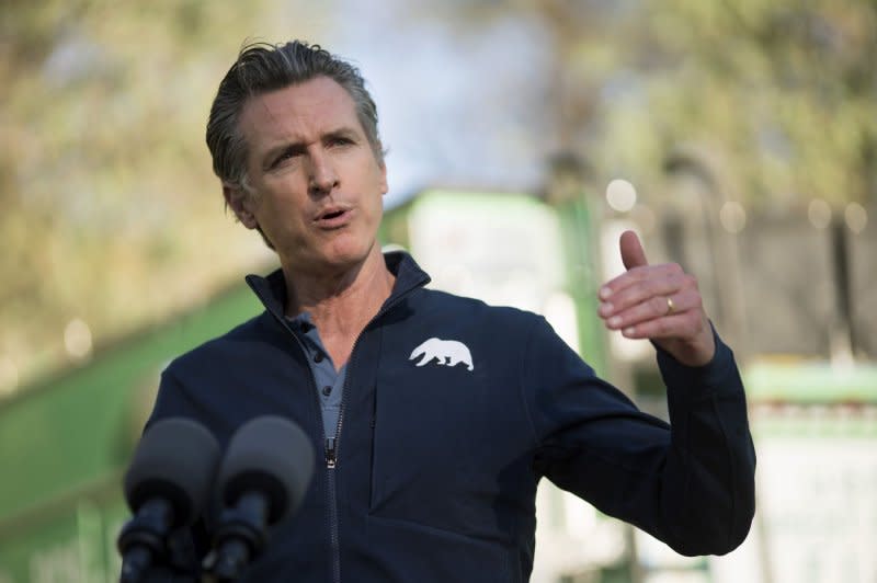 California Gov. Gavin Newsom speaks to highlight investments made by the Bipartisan Infrastructure Law in wildfire preparedness and resilience in San Bernardino, Calif., in 2022. File Photo by Eric Thayer/UPI