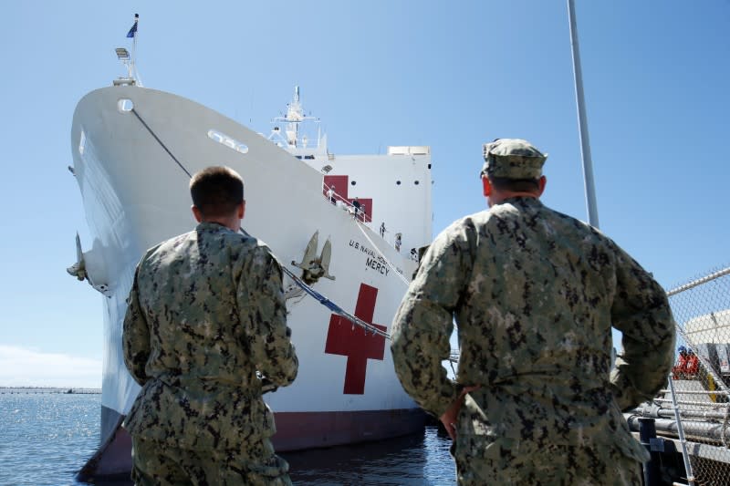 The USNS Mercy, a Navy hospital ship, departs the Naval Station San Diego