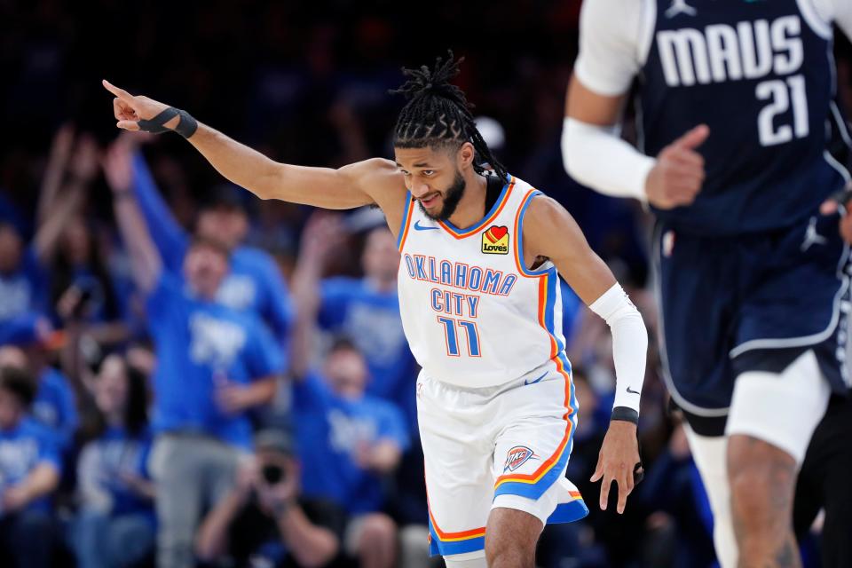 Oklahoma City Thunder guard Isaiah Joe (11) gestures after making a 3-pointer during Game 1 of the Western Conference semifinals NBA playoff game between the Oklahoma City Thunder and the Dallas Mavericks at Paycom Center in Oklahoma City, Tuesday, May 7, 2024. Oklahoma City won 117-95.