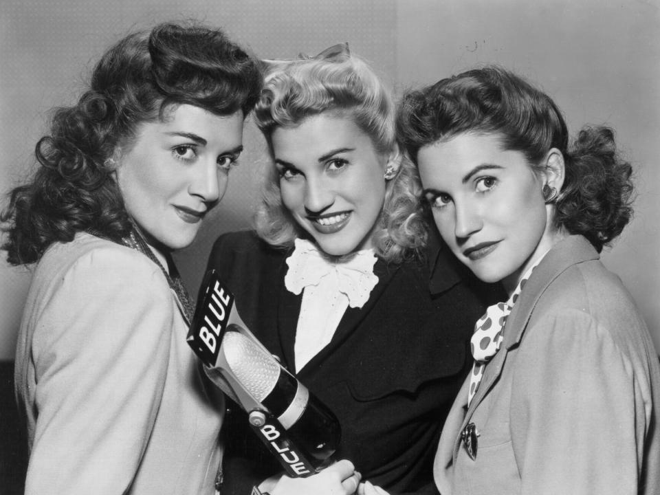 LaVerne Andrews, Patty Andrews, and Maxine Andrews pose for a portrait circa 1944 in New York City, New York.