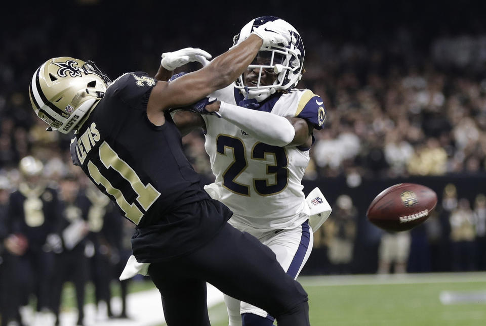 FILE - In this Jan. 20, 2019, file photo, Los Angeles Rams' Nickell Robey-Coleman breaks up a pass intended for New Orleans Saints' Tommylee Lewis during the second half of the NFL football NFC championship game in New Orleans. The New Orleans Saints visit Los Angeles for a rematch of the NFC championship game won by the Rams, but remembered for the no-call that created the opening for Sean McVay's team to storm through. (AP Photo/Gerald Herbert, File)