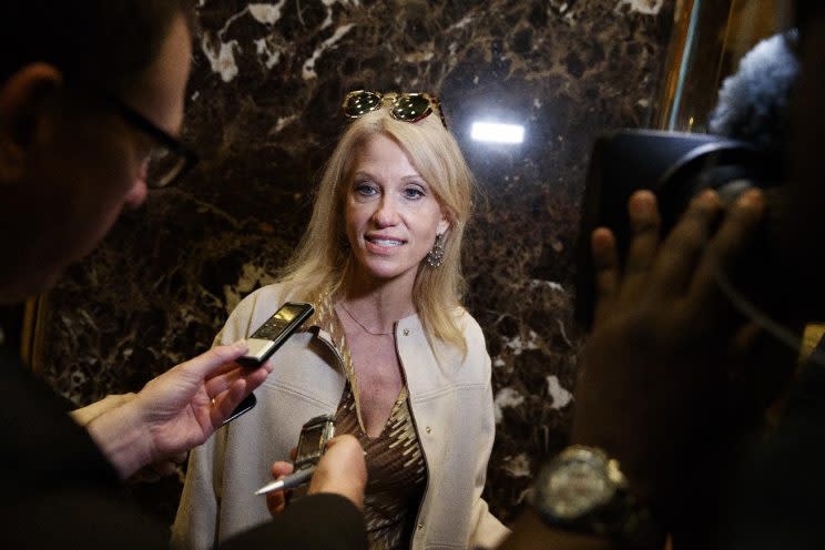 Kellyanne Conway, campaign manager for President-elect Donald Trump, talks with reporters as she arrives at Trump Tower on Monday. (Photo: Evan Vucci/AP)