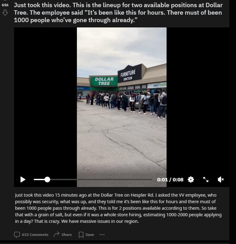 This video of hundreds of students standing in line for a job in Kitchener was posted on Reddit, receiving hundreds of comments and upvotes.