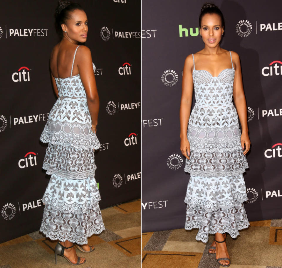 Einfach entzückend: Schauspielerin Kerry Washington auf dem Paley-Fest in Los Angeles in einem perfekt sitzenden Rüschenkleid von Ulyana Sergeenko, das dank des schlichten Stylings kein bisschen kitschig oder überladen wirkte. (15. März 2016, Bilder: WENN)