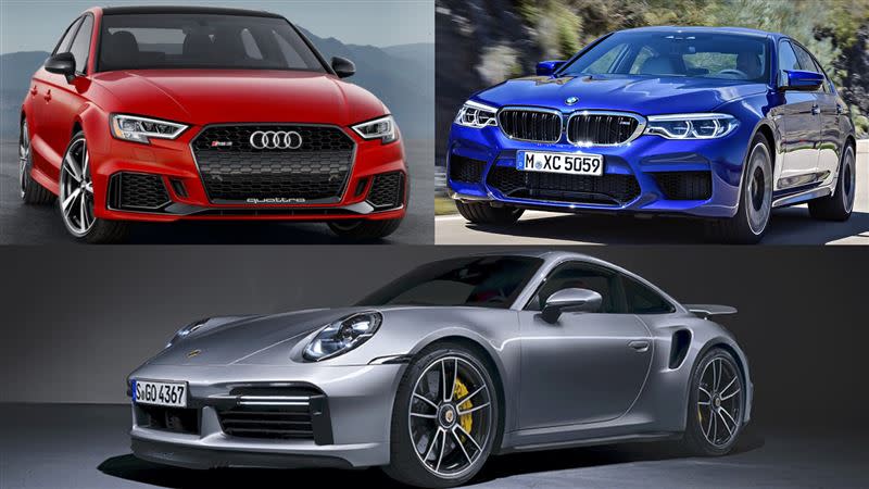 BMW M5（右）、Audi RS3（左）對決保時捷911 Turbo S（下）。（圖／翻攝自BMW、Audi、Porsche官網）