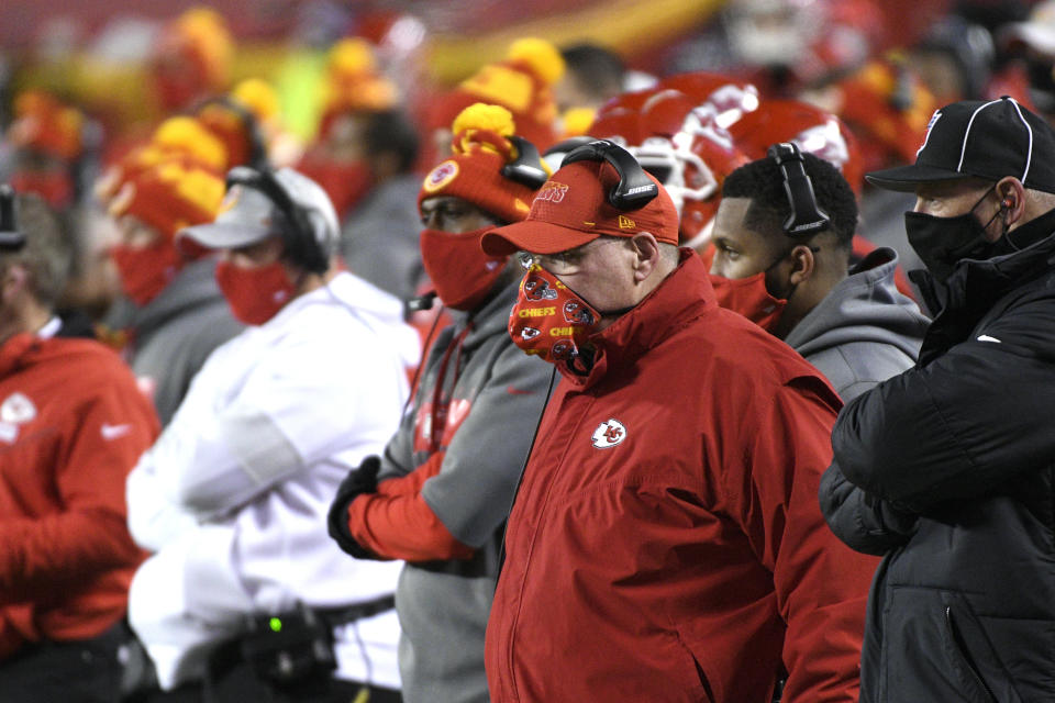 Kansas City Chiefs head coach Andy Reid watches from the sideline during the first half of the AFC championship NFL football game against the Buffalo Bills, Sunday, Jan. 24, 2021, in Kansas City, Mo. (AP Photo/Reed Hoffmann)