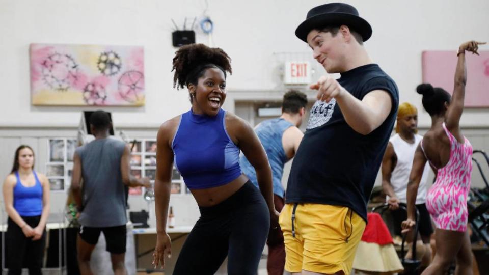 Jalyn Crosby, left, and Karsen Guldan, right, dance during a musical number on Wednesday, July 26, 2023 at Artworks at the Carver School in Lexington, Ky. They star in “Memphis” at Lexington Opera House.