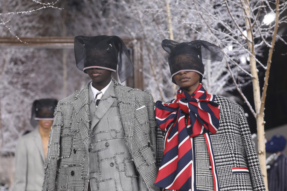 Models wear creations for the Thom Browne fashion collection during Women's fashion week Fall/Winter 2020/21 presented in Paris, Sunday, March 1, 2020. (Photo by Vianney Le Caer/Invision/AP)