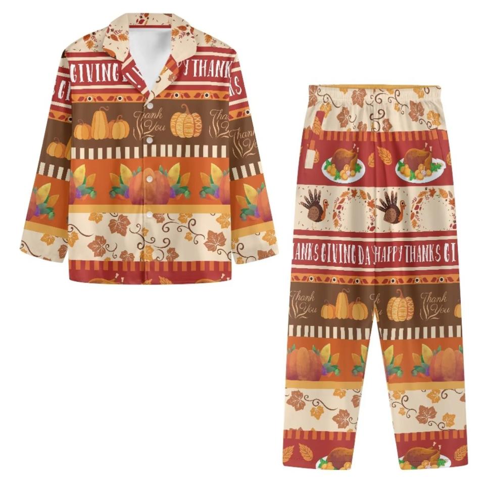 <p><a href="https://go.redirectingat.com?id=74968X1596630&url=https%3A%2F%2Fwww.walmart.com%2Fip%2FBinienty-Button-Pjs-Women-Sets-Thanksgiving-Orange-Leaves-Sleepwear-Pajamas-Top-Pants-Pockets-Long-Sleeve-Comfortable-Multi-Saeson-Home-Life-Sleep-Se%2F5118407283&sref=https%3A%2F%2Fwww.thepioneerwoman.com%2Fholidays-celebrations%2Fg41461827%2Fthanksgiving-pajamas%2F" rel="nofollow noopener" target="_blank" data-ylk="slk:Shop Now;elm:context_link;itc:0;sec:content-canvas" class="link ">Shop Now</a></p><p>Thanksgiving Turkey and Pumpkins Loungewear</p><p>$39.99</p><span class="copyright">Walmart</span>